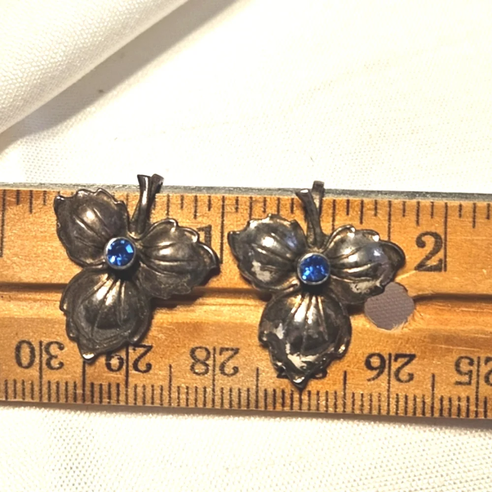 Vintage Sterling Silver with Blue Rhinestone Leaf Screw Back Earrings